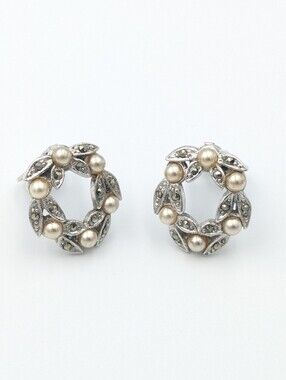 Vintage signed BJL marcasite and faux pearl silver tone clip on earrings